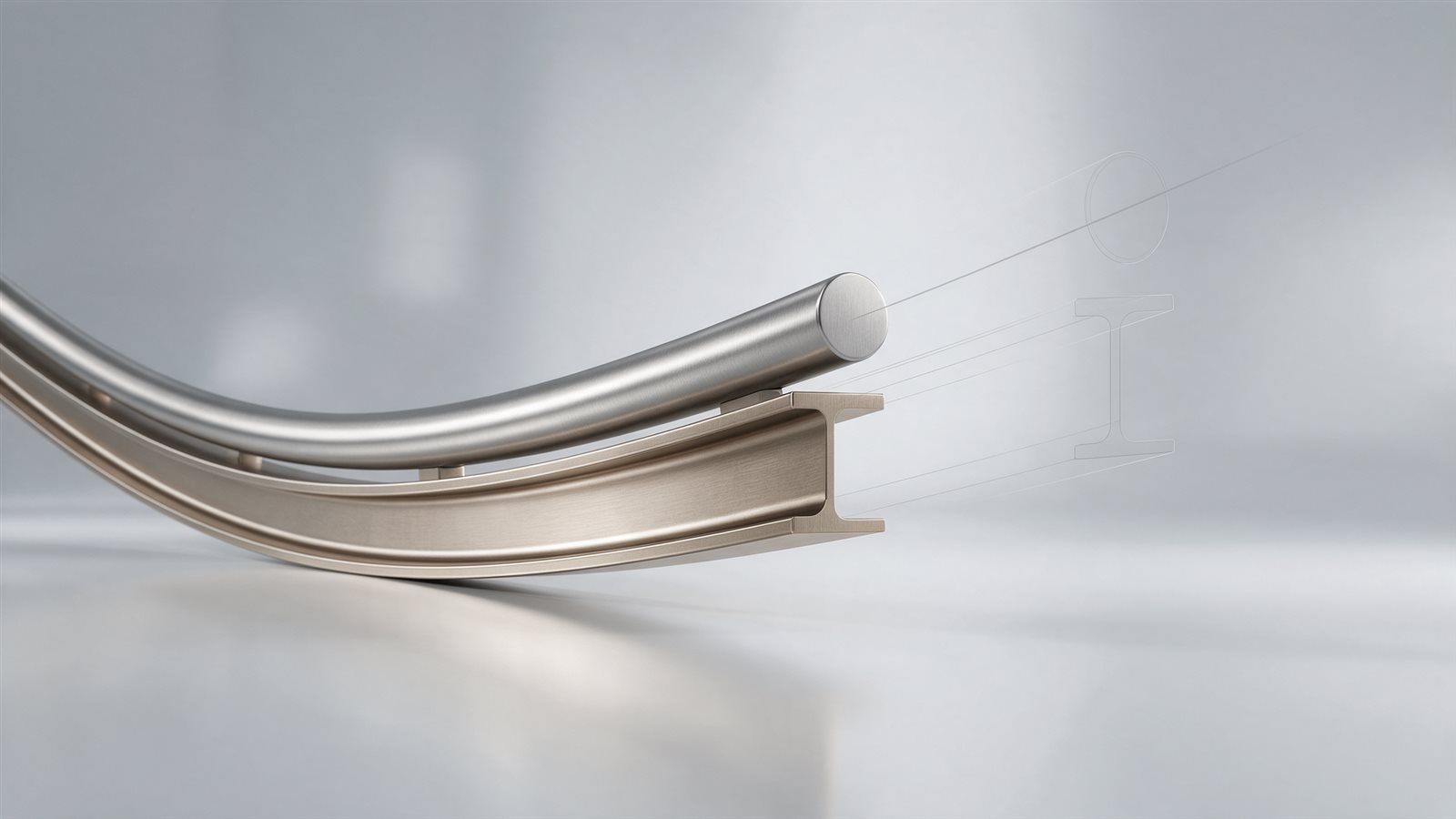 Round handrail and I-beam profile following a curved path, showing how a profile is swept along a path in Profile Builder