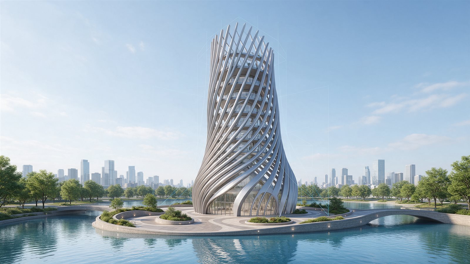 Twisting parametric tower with a curved ribbed facade, the kind of form SketchUp plugins make possible